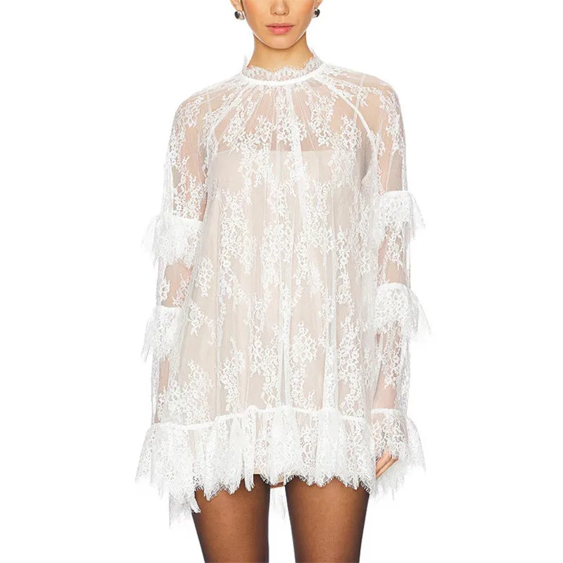 Sheer Lace Mesh Mini Dress – Floral High Neck Party Cover Up