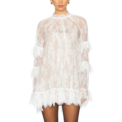 Sheer Lace Mesh Mini Dress – Floral High Neck Party Cover Up