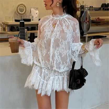 Sheer Lace Mesh Mini Dress – Floral High Neck Party Cover Up