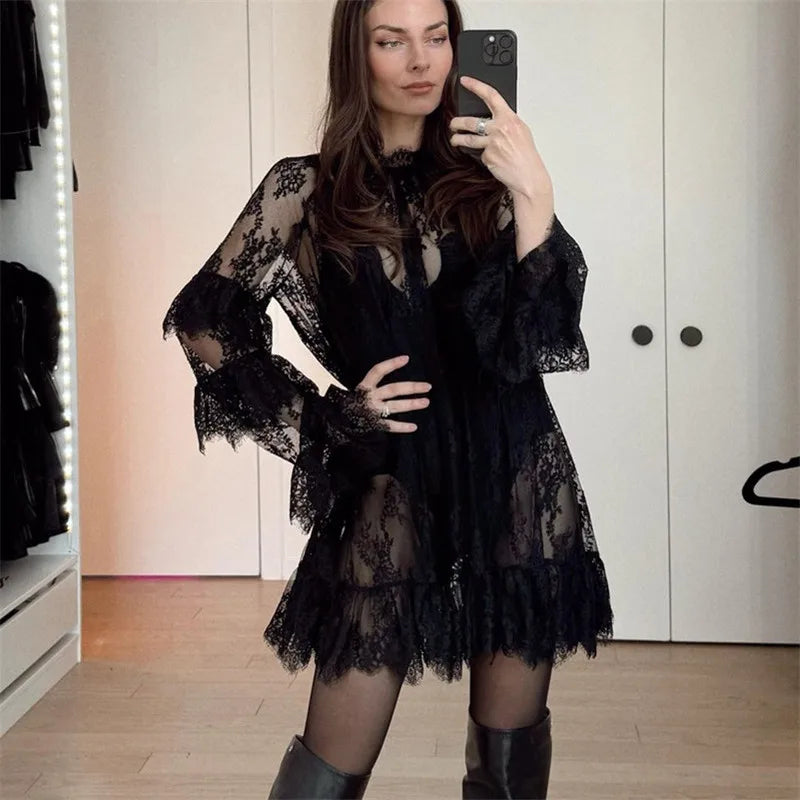 Sheer Lace Mesh Mini Dress – Floral High Neck Party Cover Up