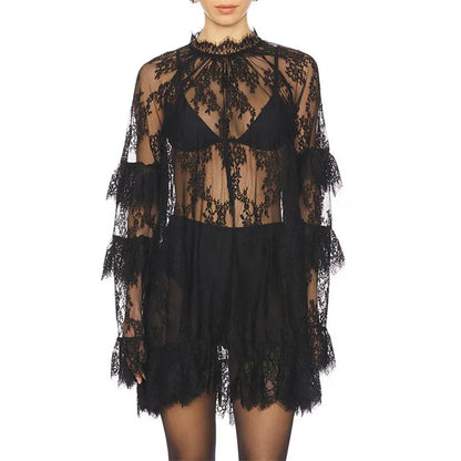 Sheer Lace Mesh Mini Dress – Floral High Neck Party Cover Up