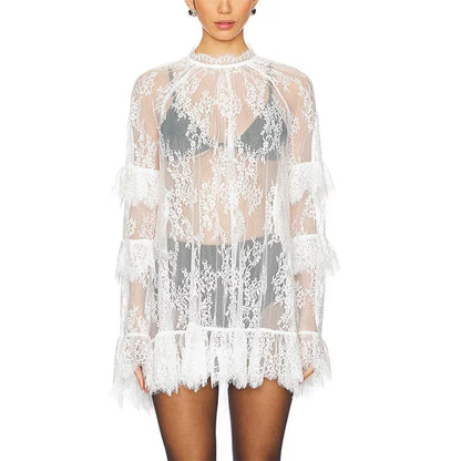 Sheer Lace Mesh Mini Dress – Floral High Neck Party Cover Up