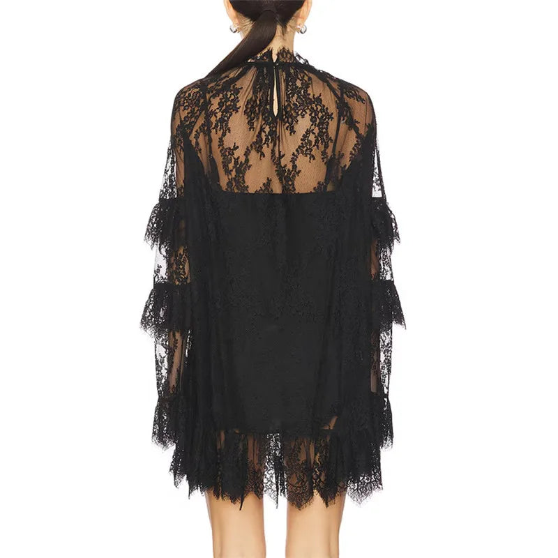 Sheer Lace Mesh Mini Dress – Floral High Neck Party Cover Up