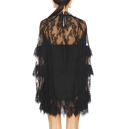 Sheer Lace Mesh Mini Dress – Floral High Neck Party Cover Up